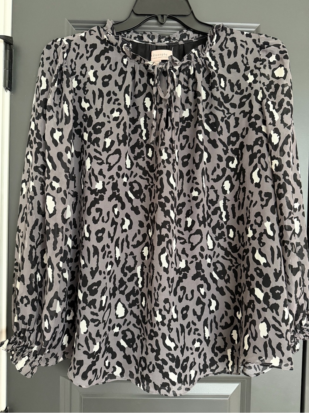 Philosophy Gray and Black Leopard Tie-Neck Blouse